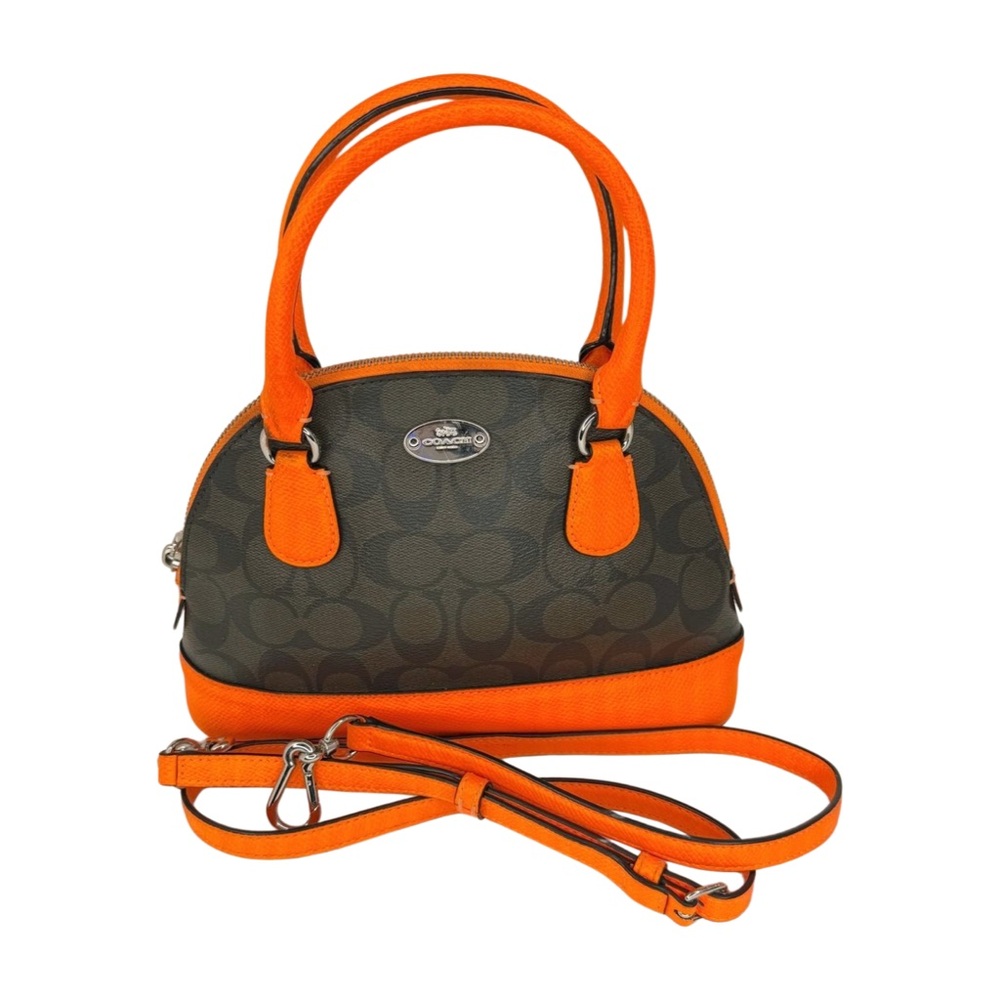 Coach 2014 F34710 Signature Dome Brown Canvas Neon Orange Leather Crossbody Bag